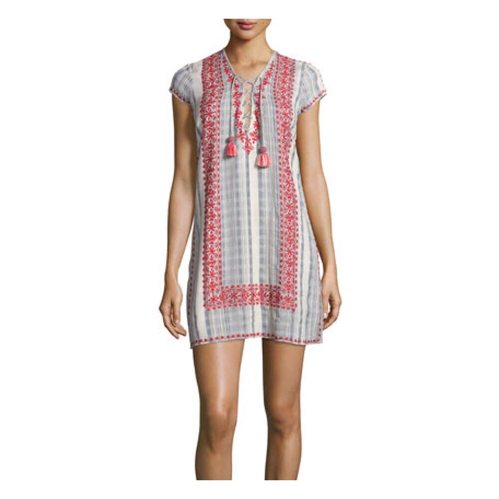Calypso St. Barth Women Embroidered Cotton Tunic Dress Boho Resort Artisan Made